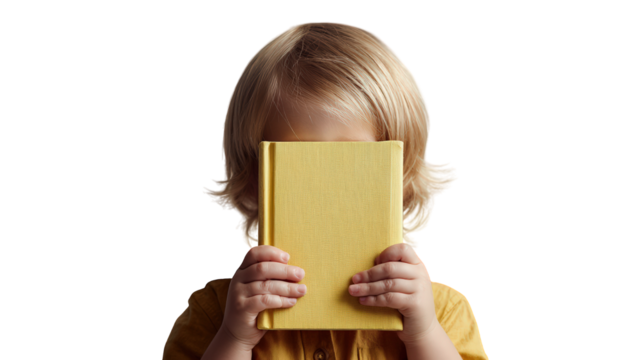 Child with blonde hair holds yellow book in front of their face, creating playful and curious atmosphere. image captures innocence and imagination, inviting viewers to explore world of reading