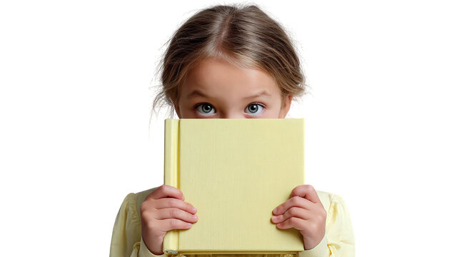 Child holding pastel yellow book, peeking over cover with curious eyes, exuding sense of wonder and innocence. centered composition highlights child expression