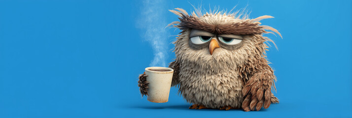 Cartoon character of a sleepy owl holding a hot coffee mug with a grumpy face on blue background with copy space, messy feathers, and a deep Monday morning mood. Caffeine-themed humor. Generative Ai.
