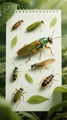 Various insects displayed on a white sheet with leaves, set against a green foliage background