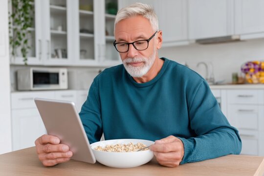 Senior Man Eating Cereal While Using a Tablet in Kitchen