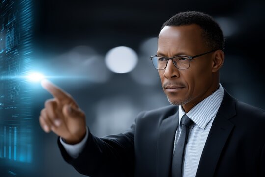 Middle-aged African American executive with glasses is reviewing digital data on a futuristic interface, showcasing professional engagement and modern technology in a corporate environment - Powered by Adobe
