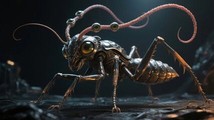 A biomechanical insect with metallic exoskeleton and tentacle-like antennae in a dark, alien environment