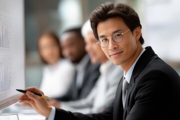 Young Asian executive in glasses presenting digital standards during a business meeting, with colleagues engaged in discussion and data visualizations in the background