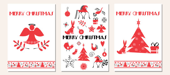 Christmas vector set of greeting cards in folk art design with horse. Christmas graphic elements collection in scandinavian style. Design illustration for cover, print, poster, wallpaper.