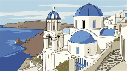 Obraz premium Coastal Village with Blue Domed Churches and Cliffside Views.