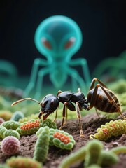 Ant foraging on colorful fungi with a glowing alien figure in the background