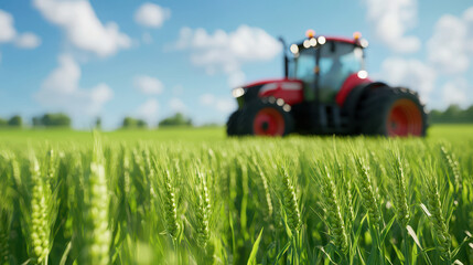 Fototapeta premium Vibrant field of green wheat with blurred red tractor in background, showcasing beauty of agriculture and farming