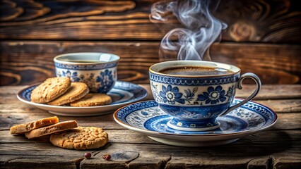 Steaming hot coffee in a vintage blue and white porcelain cup with cookies on a rustic wooden table, evoking a cozy morning atmosphere and a delightful break