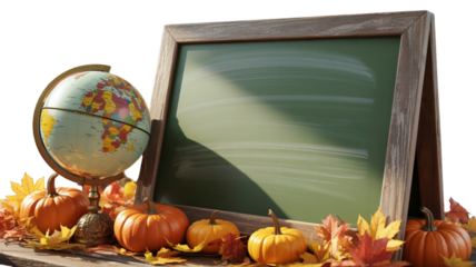 Autumnal school chalkboard with globe and pumpkins for education concept