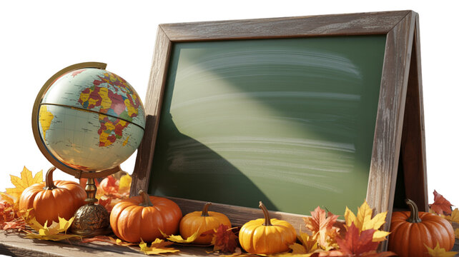 Autumnal school chalkboard with globe and pumpkins for education concept