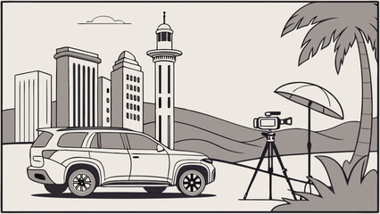 SUV vehicle parked near a film set with camera and umbrella.
