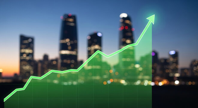 Green line graph with arrow pointing upward against a blurred city skyline, representing growth, success, and positive economic trend or achievement