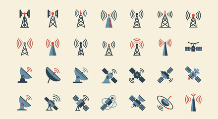 Vector Icons Set of A comprehensive icon set of communication towers antennas and satellites. EPS Editable