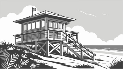 Obraz premium Elevated Beach Lifeguard Stand with Ocean View Monochrome Illustration.