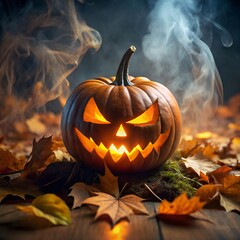 A spooky, carved halloween pumpkin with a glowing, menacing face sits on a bed of fallen autumn leaves, surrounded by mist and smoke, evoking a sense of eerie enchantment