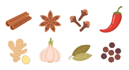 Vector Icons Set of Aromatic spices and herbs set with cinnamon star anise cloves chili pepper ginger garlic bay leaf and peppercorns. Vector Illustrations. EPS Editable