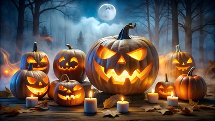 Fototapeta premium A collection of carved halloween pumpkins with glowing faces and flickering candles are arranged in a forest setting under a full moon, creating a hauntingly beautiful and mysterious atmosphere
