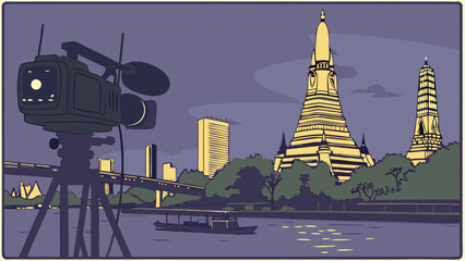 Video camera filming city skyline at dusk boat on river stylized illustration.