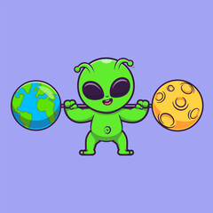Cute Alien Lifting Earth Globe Moon Barbell Cartoon