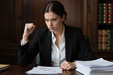 Woman in black blazer and white shirt sitting at a desk, frowning and clenching fist, surrounded by papers and books, likely a lawyer or business professional.