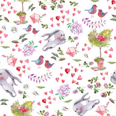 seamless pattern with birds, bunny, hearts and flowers
