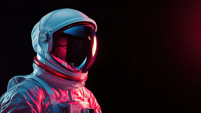 Futuristic spacesuit with sleek design and reflective visor, illuminated by vibrant colors, evokes sense of exploration and adventure - Powered by Adobe