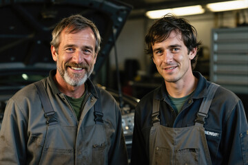 Fototapeta premium Two men, likely mechanics, stand side by side in a garage, wearing gray overalls and green shirts, smiling at the camera.
