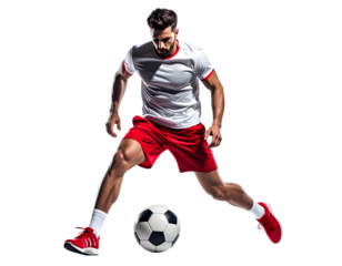 Focused football athlete in motion controlling the soccer ball, isolated on a transparent background, PNG