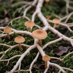 Small brown mushrooms growing among white roots and green moss on forest floor