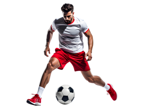 Focused football athlete in motion controlling the soccer ball, isolated on a transparent background, PNG - Powered by Adobe