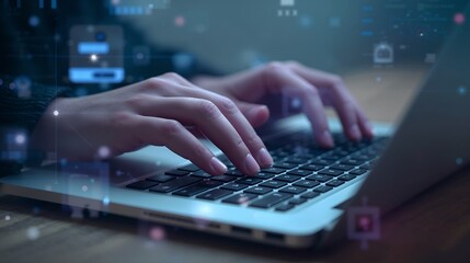 typing on laptop with digital icons floating on screen, person is using a laptop, demonstrating technology in action