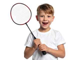 Excited joyful Caucasian child holding a badminton racket while looking active, isolated on a transparent background, PNG