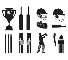 Cricket Player and Equipment Silhouette Vector for Sport Illustration