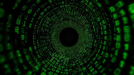 Abstract data tunnel, with green illuminated digits. A journey into the digital realm