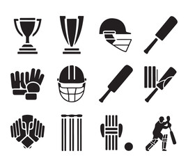 Minimal Black Cricket Silhouette Vector Icons for Sports Design