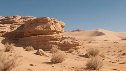 Desert landscape with sand dunes, rocky formations, and sparse vegetation under a clear blue sky