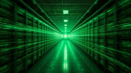 inside a futuristic data center with green lighting and endless rows of servers. This image conveys technology, data processing, and innovation