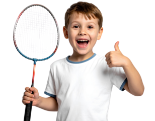 Excited joyful Caucasian child holding a badminton racket while looking active, isolated on a transparent background, PNG