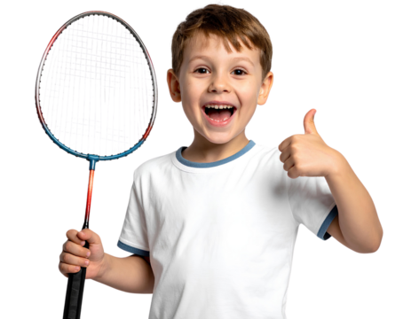 Excited joyful Caucasian child holding a badminton racket while looking active, isolated on a transparent background, PNG