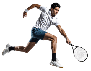 Professional male tennis player executing a powerful jumping smash mid-air, isolated on a transparent background, PNG