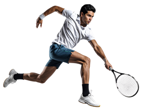 Professional male tennis player executing a powerful jumping smash mid-air, isolated on a transparent background, PNG - Powered by Adobe