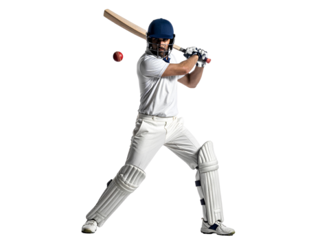 Cricket batter swinging his bat to hit the ball, isolated on a transparent background, PNG