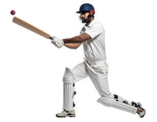 Cricket batter swinging his bat to hit the ball, isolated on a transparent background, PNG