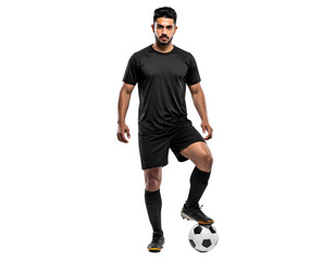 Stylish and dynamic soccer player posing with his foot on the ball, isolated on a transparent background, PNG