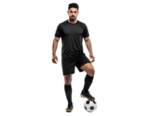 Stylish and dynamic soccer player posing with his foot on the ball, isolated on a transparent background, PNG