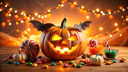 A spooky and festive halloween scene featuring a carved jackolantern with glowing eyes and a menacing grin, surrounded by candy, small pumpkins, and decorative lights, creating a magical and eerie 