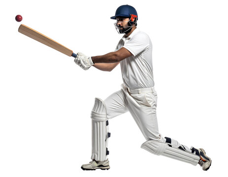 Cricket batter swinging his bat to hit the ball, isolated on a transparent background, PNG