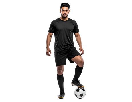Stylish and dynamic soccer player posing with his foot on the ball, isolated on a transparent background, PNG