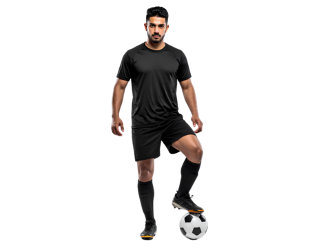 Stylish and dynamic soccer player posing with his foot on the ball, isolated on a transparent background, PNG